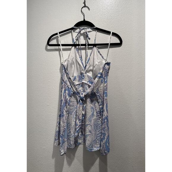 LUCY LOVE Size Medium Blue White Paisley Print Open Tie Back Y2K Look Retro Boho - Picture 2 of 9